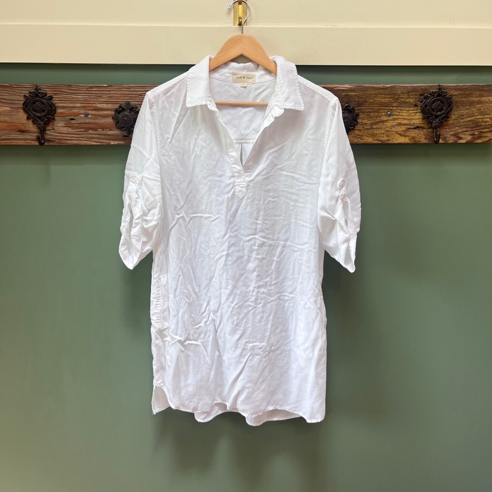 Cloth & Stone Womens White Tencel Lyocell Roll Tab Sleeve Tunic Dress Large